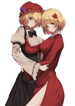 2girls absurdres adapted_costume aki_minoriko aki_shizuha black_bow black_bowtie black_corset black_skirt blonde_hair bow bowtie breasts closed_mouth collared_shirt commentary_request corset dress grape_hat_ornament hair_ornament hat highres large_breasts leaf_hair_ornament long_sleeves looking_at_viewer multiple_girls orange_eyes red_dress red_hat shirt siblings side_slit simple_background sisters skirt smile touhou white_background white_shirt yagoro_kusuriya