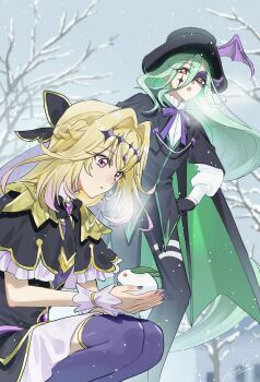 Rule 34 | 1boy, 1girl, :o, bare tree, black bow, black cape, black capelet, black dress, black gloves, black pants, black thighhighs, black vest, blonde hair, bow, brooch, cape, capelet, cold, commentary, cure arcana shadow, diamond hairband, dress, eye mask, facial tattoo, frilled capelet, frills, gloves, green cape, green hair, green trim, hair intakes, half eye mask, hand on own hip, heart, heart brooch, highres, holding snow rabbit, jewelry, long hair, looking at another, looking down, magical girl, mask, maso (01mogu05), meitantei precure!, moria luluka, nijee, outdoors, pants, precure, purple eyes, purple veil, purple wrist cuffs, red eyes, snow rabbit, snowing, squatting, tattoo, thighhighs, tree, two-tone cape, veil, very long hair, vest, visible air, winged hat, wrist cuffs