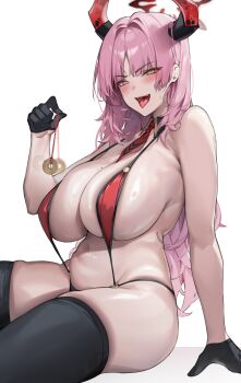1girl absurdres between_breasts black_gloves black_thighhighs blue_archive breasts breasts coin coin_on_string curvy deep_skin facing_viewer gloves half-closed_eyes half_gloves halo highres holding holding_pendulum horns large_breasts long_hair looking_at_viewer looking_to_the_side mind_control mole mole_on_breast navel necktie necktie_between_breasts open_mouth pendulum pink_hair red_necktie red_slingshot_swimsuit revealing_clothes samart satsuki_(blue_archive) sitting skindentation slingshot_swimsuit soft_breasts solo swimsuit thick_thighs thighhighs thighs tongue tongue_out white_background
