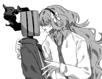 1girl 1other after_kiss clock dante_(limbus_company) flaming_head greyscale highres ishmael_(project_moon) limbus_company monochrome object_head other_with_female project_moon saliva saliva_trail simple_background tongue upper_body vmein_46 white_background