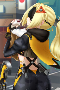 Rule 34 | 1girl, absurdres, ass, black gloves, black pants, blindfold mask, blonde hair, camouflage, covered eyes, fingerless gloves, gloves, hair ornament, highres, holding, itsjikson, jacket, long hair, mask, navel, pants, ponytail, solo, trigger (zenless zone zero), zenless zone zero