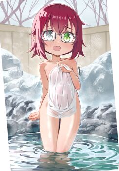 1girl bare_tree blue_eyes blush breasts collarbone commission covering_privates glasses green_eyes hair_between_eyes heterochromia holding holding_towel leropasta loli looking_at_viewer nude nude_cover onsen open_mouth original outdoors red_hair short_hair small_breasts solo standing steam thigh_gap towel tree twitter_username wading water
