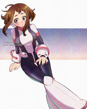 1girl absurdres anemoneee27 blush blush_stickers bodysuit boku_no_hero_academia boots breasts brown_eyes brown_hair commentary_request crossed_legs highres medium_breasts short_hair smile solo twitter_username uraraka_ochako white_background
