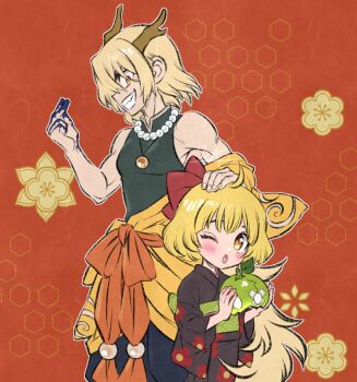 1boy 1girl antlers bead_necklace beads black_kimono black_shirt blonde_hair blush bow dr._stone dragon_girl dragon_horns grin hair_bow hand_on_another&#039;s_head holding horns japanese_clothes jewelry kimono long_hair nanami_ryuusui necklace ninomae_gin obi one_eye_closed pants pearl_necklace print_kimono red_background red_bow sash shirt short_hair sleeveless sleeveless_shirt smile suika_(dr.stone) turtle_shell yellow_eyes yellow_horns