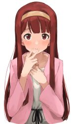 Rule 34 | 1girl, absurdres, blush, dress, fingernails, hairband, highres, hitori m, idolmaster, idolmaster million live!, jacket, long hair, long sleeves, looking at viewer, nail polish, pink jacket, red eyes, red hair, simple background, solo, straight hair, tanaka kotoha, upper body, very long hair, w, w over mouth, white background, white dress, yellow hairband