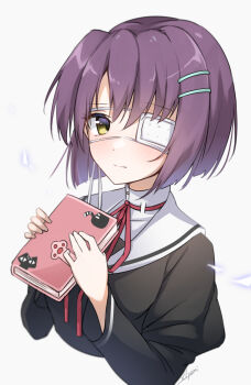 1girl book closed_mouth commentary_request cropped_torso ef_(visual_novel) eyepatch hair_ornament hairclip highres holding holding_book juliet_sleeves long_sleeves looking_at_viewer medical_eyepatch puffy_sleeves purple_hair sailor_collar school_uniform shindou_chihiro short_hair simple_background solo white_background white_sailor_collar xlyami yellow_eyes