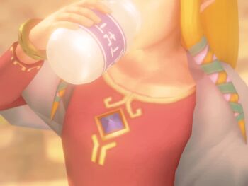1girl 3d animated animated_gif blonde_hair bottle bracelet breast_expansion breasts cleavage female_focus head_out_of_frame highres huge_breasts jewelry long_hair milk_bottle n-nurico nintendo princess_zelda solo the_legend_of_zelda the_legend_of_zelda:_skyward_sword upper_body