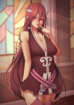 absurdres arm_behind_back breasts cleavage commission commissioner_upload cordelia_(fire_emblem) deilan12 dress finger_to_own_mouth fire_emblem fire_emblem_awakening hair_ornament half-closed_eyes highres indoors long_hair looking_at_viewer medium_breasts nintendo pink_thighhighs red_dress red_hair seductive_smile smile stained_glass standing thighhighs wing_hair_ornament zettai_ryouiki