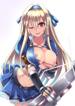 Rule 34 | 1girl, artist request, azure (armor), belt, blonde hair, breasts, capcom, female focus, highres, long hair, monster hunter (series), navel, nipple slip, nipples, one eye closed, open mouth, red eyes, simple background, skirt, smile, solo, white background, wink