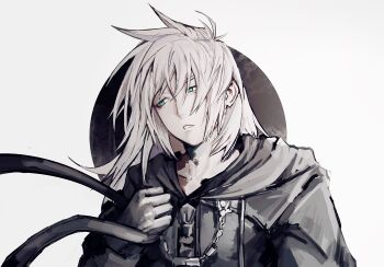1boy aqua_eyes black_gloves black_robe cho5782 gloves grey_hair hair_between_eyes highres holding_blindfold hood hood_down hooded_robe kingdom_hearts kingdom_hearts_ii long_hair looking_to_the_side male_focus parted_lips riku_(kingdom_hearts) robe solo upper_body white_background