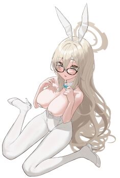 1girl absurdres akane_(blue_archive) akane_(bunny)_(blue_archive) animal_ears blue_archive blue_bow blue_bowtie bow bowtie breasts brown_halo cbwook detached_collar fake_animal_ears full_body glasses halo highres holding large_breasts leotard long_hair looking_at_viewer official_alternate_costume pantyhose playboy_bunny rabbit_ears shawl sitting solo strapless strapless_leotard traditional_bowtie unworn_eyewear wariza white_background white_leotard white_pantyhose