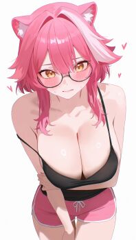 1girl absurdres animal_ear_fluff animal_ears anska arm_under_breasts bespectacled black_camisole blush breasts camisole cat_ears cleavage closed_mouth collarbone commentary cowboy_shot dolphin_shorts english_commentary glasses hair_intakes heart highres hololive hololive_english large_breasts leaning_forward long_hair multicolored_hair pink_hair pink_shorts raora_panthera short_shorts shorts simple_background solo streaked_hair very_long_hair virtual_youtuber white_background yellow_eyes