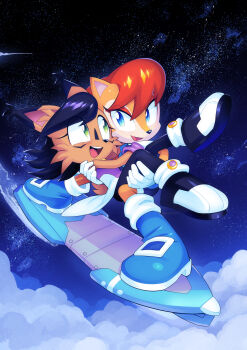 2girls absurdres black_hair blue_eyes boots brown_fur carrying chipmunk_girl cloud commission constellation drawloverlala gloves green_eyes highres hoverboard looking_at_another lynx multiple_girls nicole_(sonic) nicole_the_holo-lynx night red_hair sally_acorn shoes sky smile sonic_(series) sonic_the_hedgehog_(archie_comics) star_(sky) teeth upper_teeth_only white_gloves