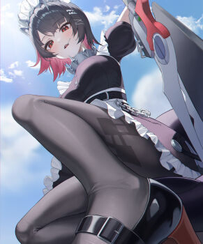 1girl absurdres apron arm_up black_hair black_pantyhose black_skirt breasts colored_inner_hair ellen_joe frilled_hairband frills hairband high_heels highres large_breasts lollipop_in_mouth looking_at_viewer looking_down lusiperble maid_apron maid_headdress multicolored_hair open_mouth orange_eyes pantyhose pink_hair puffy_short_sleeves puffy_sleeves pumps short_hair short_sleeves skirt solo zenless_zone_zero