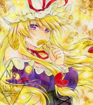 alto2019 autumn_leaves bare_shoulders blonde_hair breasts choker closed_mouth commentary_request dress frills hair_ribbon hat highres holding holding_leaf large_breasts leaf long_hair looking_at_viewer mob_cap off-shoulder_dress off_shoulder purple_dress purple_eyes ribbon ribbon_choker sample_watermark smile touhou traditional_media watermark yakumo_yukari