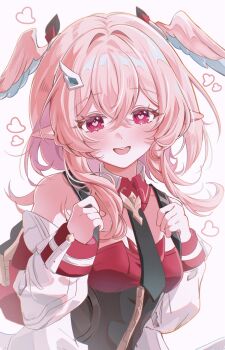 Rule 34 | 1girl, backpack, bag, bare shoulders, blush, breasts, commentary, corset, crossed bangs, detached collar, detached sleeves, genshin impact, geumxxi, hair between eyes, hair intakes, hair ornament, hairclip, hashtag-only commentary, head wings, heart, heart-shaped pupils, highres, holding strap, linnea (genshin impact), looking at viewer, medium breasts, medium hair, necktie, open mouth, pink eyes, pink hair, pointy ears, red shirt, shirt, smile, solo, symbol-shaped pupils, untranslatable commentary, upper body, white background, white sleeves, wings