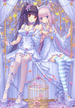 10s 2girls absurdres animal_ear_fluff animal_ears ankle_garter black_hair blonde_hair blue_eyes blunt_bangs bow brown_eyes bug butterfly cage cat_ears cat_girl chocola_(nekopara) choker cross earrings eyebrows feet fingernails flower hair_flower hair_ornament heart highres hime_cut insect jewelry lace leg_ribbon long_fingernails long_hair multiple_girls nail_art nail_polish nekopara original pendant petals pink_hair pink_nails platform_footwear ribbon sayori_(neko_works) shoe_dangle shoes siblings single_shoe sisters sitting slit_pupils smile striped_clothes striped_legwear striped_thighhighs thighhighs twins twintails vanilla_(nekopara) very_long_hair yellow_nails
