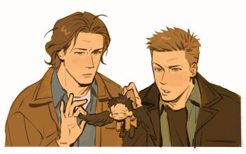 3boys angel_wings beard_stubble black_wings blonde_hair blue_eyes blue_shirt border brown_hair brown_jacket brown_shirt castiel coat collared_shirt confused crew_cut dean_winchester facial_hair green_eyes green_shirt highres holding_chibi jacket kunnuscumnus looking_at_another looking_to_the_side mole mole_under_mouth multiple_boys no_sclera open_clothes open_jacket parted_hair parted_lips raised_eyebrow sam_winchester shirt shirt_under_shirt stubble supernatural_(tv_series) sweatdrop teeth upper_body white_background white_shirt wings wolf_cut