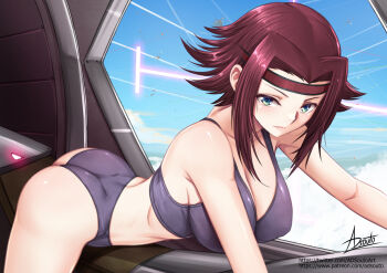 1girl adsouto ass black_panties black_underwear_(female) bra breasts cockpit code_geass collarbone crop_top green_eyes headband highres kouzuki_kallen large_breasts looking_at_viewer lying on_stomach panties red_hair shiny_skin signature solo underwear