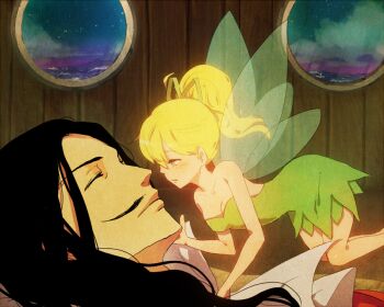 1boy 1girl animification asdge23 bare_back bare_shoulders black_hair blonde_hair blush captain_hook closed_eyes couple disney dress facial_hair fairy fairy_wings green_skirt hair_between_eyes hair_ornament hair_ribbon hetero imminent_kiss long_hair mustache night night_sky ocean ponytail ribbon skirt sky sleeping tinker_bell_(disney) walt_disney&#039;s_peter_pan window wings