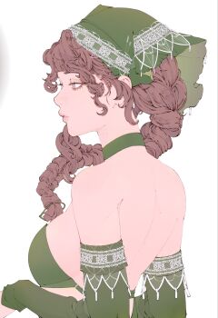 1girl back bare_shoulders braid breasts brown_hair commentary detached_sleeves elliemaplefox green_headscarf hair_over_shoulder halterneck headscarf highres large_breasts long_hair original parted_lips sideboob simple_background solo symbol-only_commentary upper_body white_background