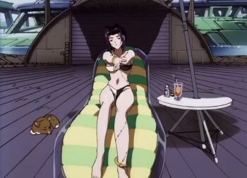 2girls animated armpits arms_behind_head audible_speech bare_legs bare_shoulders bikini blush bouncing_breasts breasts cleavage cowboy_bebop dark-skinned_female dark_skin dog edward_wong_hau_pepelu_tivrusky_iv ein_(cowboy_bebop) english_audio faye_valentine female_focus full_body lipstick lying makeup medium_breasts multiple_girls navel on_back purple_hair red_hair short_hair skindentation sound sunglasses swimsuit tagme video
