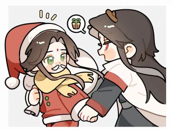 Rule 34 | 2boys, :d, antlers, bindi, black hair, black hanfu, blush, chibi, chibi only, chinese clothes, closed mouth, collared robe, cowboy shot, curtained hair, fake facial hair, fake mustache, floating hair, green eyes, grey background, hanfu, hashtag-only commentary, hat, highres, holding, holding hands, holding sack, horns, jacket, layered sleeves, long hair, long sleeves, looking at another, looking back, luo binghe, multiple boys, notice lines, open mouth, pants, parted bangs, pom pom (clothes), red eyes, red hat, red jacket, red pants, reindeer antlers, renzha fanpai zijiu xitong, robe, sack, santa costume, santa hat, scarf, shen qingqiu, sidelocks, smile, speech bubble, thick eyebrows, white robe, wolf cut, yaoi, yellow scarf, zorenbigmalo, zuiyin