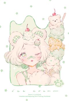 1girl ;p animal_ears animal_hands artist_name bandaid bandaid_on_face bandaid_on_nose bear_ears blush camisole cherry closed_mouth commentary commentary_request english_commentary food food-themed_hair_ornament food_on_head fruit gloves green_eyes hair_ornament holding holding_ice_cream_cone ice_cream ice_cream_cone ice_cream_hair_ornament ice_cream_on_head ice_cream_spoon multiple_scoops object_on_head one_eye_closed paw_gloves ryokuno_green short_hair solo spoon swept_bangs tongue tongue_out too_many too_many_scoops upper_body watermark white_camisole white_hair