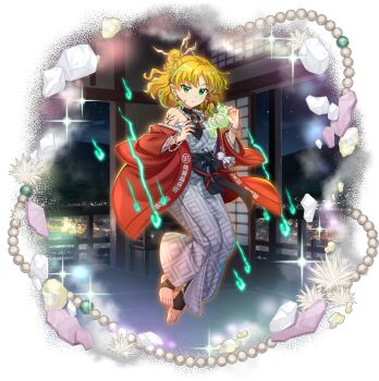1girl alternate_costume bead_bracelet bead_necklace beads blonde_hair bracelet chest_sarashi closed_mouth coat earrings fire full_body game_cg green_eyes green_fire grey_kimono highres japanese_clothes jewelry kimono long_sleeves looking_at_viewer mizuhashi_parsee mizuhashi_parsee_(land_of_the_oni_hashihime) necklace official_art open_clothes open_coat pointy_ears red_coat rotte_(1109) sarashi solo sparkle third-party_source toes touhou touhou_lostword translation_request transparent_background wide_sleeves