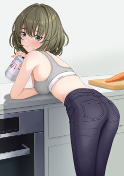 Rule 34 | 1girl, absurdres, ass, beer can, blush, bra, breasts, can, carrot, commentary, denim, drink can, green hair, grey bra, highres, holding, holding can, idolmaster, idolmaster cinderella girls, indoors, jeans, leaning forward, leaning on object, looking at viewer, medium breasts, mole, mole under eye, oven, pants, solo, sulgi park, takagaki kaede, underwear