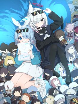 2girls absurdres administrative_official_(blue_archive) arona_(blue_archive) black_choker black_coat black_eyes black_footwear black_hairband black_pantyhose black_sailor_collar black_serafuku black_skirt black_tortoise_promenade_member_(sg)_(blue_archive) blue_archive blue_eyes blue_hair blue_halo blush braid bunny_girl_guard_(sr)_(blue_archive) character_doll chlorella_observation_club_member_(blue_archive) choker closed_mouth coat colored_inner_hair doll eyewear_on_head fitness_rakugo_club_member_(blue_archive) gehenna_student_(blue_archive) genryumon_member_(blue_archive) grin hair_over_one_eye hairband halo helmet_gang_officer_(blue_archive) helmet_gangster_(blue_archive) highlander_railway_academy_student_(hg)_(blue_archive) highlander_railway_academy_student_(mg)_(blue_archive) highlander_railway_academy_student_(sg)_(blue_archive) highres hiyayakko_(jfky2528) hot_springs_department_member_(blue_archive) hot_springs_department_member_(rl)_(blue_archive) hyakkiyako_alliance_academy_student_(blue_archive) justice_task_force_member_(blue_archive) justina_follower_(blue_archive) labor_captain_(blue_archive) labor_party_member_(blue_archive) long_hair long_sleeves medical_emergency_club_member_(blue_archive) millennium_science_school_student_(blue_archive) millennium_science_school_student_a_(blue_archive) millennium_science_school_student_b_(blue_archive) multicolored_hair multiple_girls open_clothes open_coat pandemonium_society_member_(blue_archive) pantyhose pink_hair plana_(blue_archive) pleated_skirt prefect_team_member_(blue_archive) red_halo red_winter_guard_(blue_archive) sailor_collar school_uniform serafuku shoes short_hair single_braid sisterhood_member_(blue_archive) skirt smile street_mouryo_(mg)_(blue_archive) street_mouryo_(rl)_(blue_archive) sukeban_(mg)_(blue_archive) sukeban_(smg)_(blue_archive) sukeban_(sr)_(blue_archive) sunglasses tea_party_militant_(blue_archive) trinity_student_(blue_archive) valkyrie_police_academy_student_(sg)_(blue_archive) white_footwear white_hair white_skirt