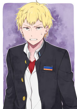Rule 34 | 1boy, absurdres, blonde hair, collared shirt, corpse party, frown, gakuran, grey eyes, grimace, highres, jyouwan, kishinuma yoshiki, male focus, school uniform, shirt, short hair, solo, sweat, teeth, unbuttoned, v-neck, v-shaped eyebrows
