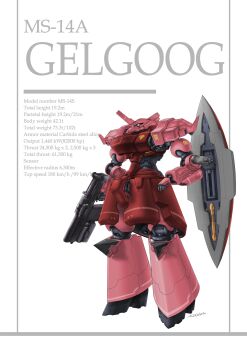 Rule 34 | aoi onion, beam naginata, beam rifle, character name, commentary request, energy gun, english text, exposed internal machinery, gelgoog, gundam, highres, mecha, mecha focus, military rank insignia, mobile suit, mobile suit gundam, no humans, one-eyed, original, radio antenna, redesign, robot, roundel, science fiction, scope, shield, signature, stats, weapon, when you see it, white background, zeon