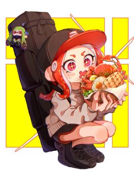 +_+ 1girl absurdres agent_3_(splatoon) agent_8_(splatoon) backpack bag baseball_cap black_bag black_hat black_shoes black_shorts character_doll commentary_request doll dolphin_shorts eating egg_(food) food grey_sweater hat highres holding holding_food long_hair nintendo octoling red_hair shoes shorts solo splatoon_(series) squatting suityunosakana sweater tentacle_hair thick_eyebrows wide-eyed