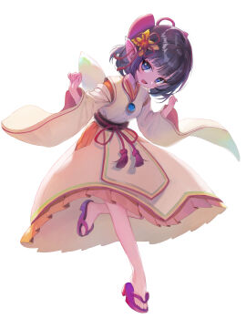 1girl :d black_hair blue_eyes bow commentary_request dragon_quest dragon_quest_x eldona_(dq10) fairy_wings frilled_kimono frills full_body hair_bow hands_up highres japanese_clothes kimono long_sleeves looking_at_viewer open_mouth pointy_ears red_bow red_sandals sandals simple_background smile solo standing standing_on_one_leg white_background white_kimono white_wings wide_sleeves wings youta zouri