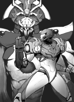 Rule 34 | 1boy, 1girl, absurdres, arm cannon, armor, assault visor, black background, full armor, greyscale, highres, metroid, metroid dread, monochrome, nintendo, normal suit (metroid), power armor, power suit (metroid), raven beak (metroid), ravenhart, samus aran, signature, simple background, weapon