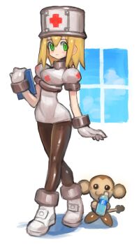 1girl black_pantyhose blonde_hair bottle dakusuta data_(mega_man) dress full_body green_eyes hat highres holding holding_bottle mega_man_(series) mega_man_legends_(series) monkey non-humanoid_robot nurse pantyhose robot robot_animal roll_caskett_(mega_man) simple_background white_background white_dress white_hat