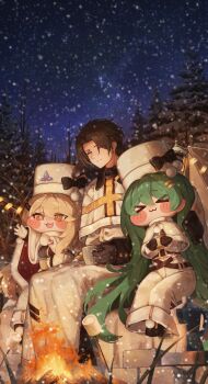 >_< 1boy 2girls :3 absurdres alternate_costume bare_tree black_bow black_gloves black_hair blitz_predator blonde_hair blush bow campfire capelet chibi cloak closed_eyes cross-shaped_pupils cup erpin_(trickcal) fang food full_body fur-trimmed_capelet fur-trimmed_cloak fur_hat fur_trim gloves green_hair hair_ornament hairclip hat hat_bow hat_feather highres holding holding_cup joanne_(trickcal) leader_(trickcal) long_hair long_skirt long_sleeves marshmallow mug multiple_girls night open_mouth outdoors outstretched_arm parallel_hairclips pom_pom_(clothes) pom_pom_hat_ornament sitting skirt sky smile snowing sparkling_eyes star_(sky) starry_sky symbol-shaped_pupils tree trickcal very_long_hair white_capelet white_cloak white_gloves white_hat white_skirt winter