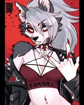1girl animal_ears animal_nose bare_shoulders black_jacket body_fur breasts claws cleavage collar colored_sclera crop_top cross demon dog_tags ear_piercing earrings english_text eyebrow_piercing eyeliner eyes_visible_through_hair eyeshadow face_piercing fingernails fukari furry furry_female grey_fur grey_hair hair_between_eyes hellaverse helluva_boss holding jacket jewelry leather linea_alba long_fingernails long_hair looking_at_viewer loona_(helluva_boss) m/ makeup medium_breasts midriff navel navel_piercing off_shoulder open_clothes open_jacket pentagram piercing ponytail red_sclera ring smile snout solo spiked_collar spikes studded_collar tail teeth upper_body white_eyes white_fur wolf_ears wolf_girl zipper