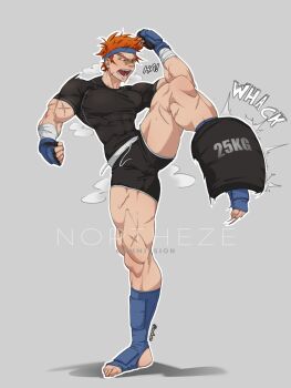 Rule 34 | 1girl, abs, arm guards, biceps, blue headband, covered abs, fingerless gloves, gloves, green eyes, headband, highres, kicking, mixed martial arts, mma gloves, multiple scars, muscular, muscular female, norutheze, obliques, orange hair, original, punching bag, scar, scar on arm, scar on leg, shin guards, short hair, short shorts, shorts, shouting, skin tight, sound effects, steam, steaming body, sweat, thick thighs, thighs