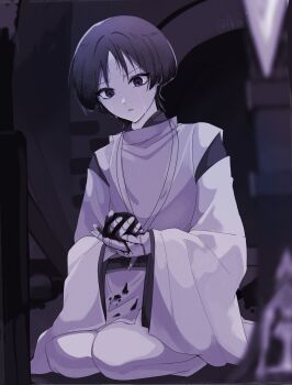 1boy blood blood_on_clothes blunt_ends blurry boots bow clothing_cutout commentary crying crying_with_eyes_open depth_of_field doll_joints dottore_(genshin_impact) eyelashes full_body furnace genshin_impact heart_(organ) highres holding_organ japanese_clothes joints kariginu kneeling layered_sleeves long_sleeves looking_at_object male_focus monochrome nee_madiiiii open_mouth pants pelvic_curtain sash scaramouche_(genshin_impact) scaramouche_(kabukimono)_(genshin_impact) scene_reference shoulder_cutout solo string symbol-only_commentary tears tsurime twitter_username wide_sleeves wispy_bangs