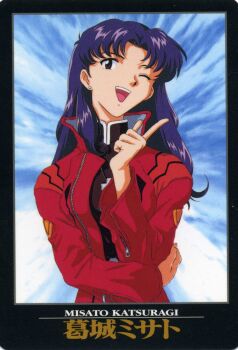 1girl absurdres character_name earrings happy highres jacket jewelry katsuragi_misato neon_genesis_evangelion official_art one_eye_closed open_mouth purple_hair red_jacket sadamoto_yoshiyuki scan scan_artifacts solo teeth upper_teeth_only