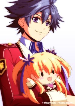 Rule 34 | 1boy, akane kazami, alisa reinford, black hair, doll, double-parted bangs, eiyuu densetsu, feather hair ornament, feathers, hair between eyes, hair ornament, highres, holding, holding doll, jacket, long hair, pixiv username, purple eyes, rean schwarzer, school uniform, sen no kiseki (series), sen no kiseki i, sideburns, smile, stuffed toy, thors military academy class vii uniform, twintails, twitter username, upper body