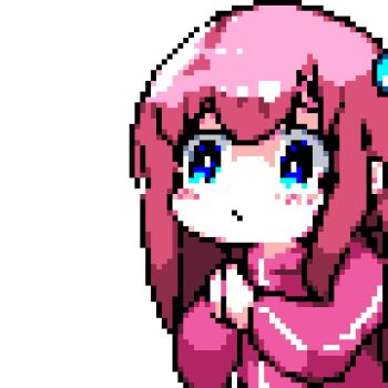 1girl animated animated_gif blue_eyes blush bocchi_the_rock! crossover cube_hair_ornament downvote_(downvote_me) flying_sweatdrops gotoh_hitori hair_ornament hashtag-only_commentary long_hair looping_animation lycoris_recoil meme one_side_up own_hands_together pink_hair pink_track_suit pixel_art sakana~_(meme) scene_reference simple_background solo track_suit upper_body white_background