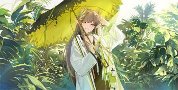 1girl arknights arm_up artist_name black_choker black_skirt bracelet choker coat commentary cowboy_shot do_novii elf english_commentary floral_background green_shirt hand_up head_tilt holding holding_umbrella id_card infection_monitor_(arknights) jewelry lab_coat laurels light_blush long_hair long_sleeves looking_at_viewer mole mole_under_eye muelsyse_(arknights) parasol pendant_choker pointy_ears rhine_lab_logo shirt sidelocks skirt smile solo teeth umbrella very_long_hair white_coat wide_sleeves