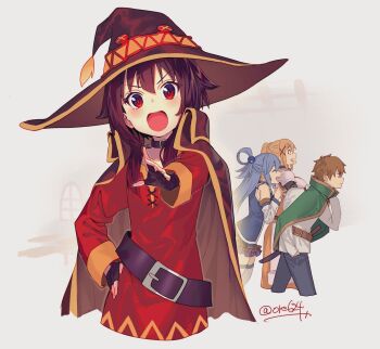 1boy 3girls aqua_(konosuba) armor belt belt_collar black_collar black_pants blonde_hair blue_hair breasts brown_hair brown_hat cloak collar commentary_request darkness_(konosuba) dress drooling fingerless_gloves gloves green_cloak grey_background hair_ornament hair_rings hat highres kono_subarashii_sekai_ni_shukufuku_wo! long_hair long_sleeves megumin multiple_girls open_mouth own_hands_clasped own_hands_together pants red_dress red_eyes satou_kazuma signature simple_background single_hair_ring smile sphere_hair_ornament tsukudani_(ore624) witch_hat x_hair_ornament