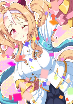 Rule 34 | 1girl, :p, absurdres, animal ears, blonde hair, blunt bangs, blush, breasts, closed mouth, commentary, confetti, fusaichi pandora (umamusume), genkai made pom pon!!, guncerlevin, hair between eyes, hair ornament, highres, horse ears, large breasts, long hair, looking at viewer, pom pom (cheerleading), red eyes, tongue, tongue out, umamusume