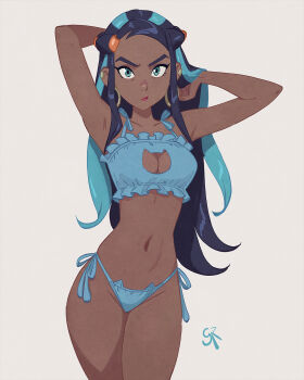 1girl adversarial_noise alt_text armpits arms_up artist_name blue_bra blue_eyes blue_hair blue_panties bra breasts cat_cutout cat_ear_panties cat_lingerie cleavage cleavage_cutout closed_mouth clothing_cutout collarbone commentary cowboy_shot dark-skinned_female dark_skin earrings english_commentary frilled_bra frills galmesh_rosewood highres hoop_earrings jewelry long_hair looking_at_viewer making-of_available medium_breasts multicolored_hair narrow_waist navel nessa_(pokemon) nintendo panties pokemon pokemon_swsh side-tie_panties simple_background solo two-tone_hair underwear underwear_only white_background