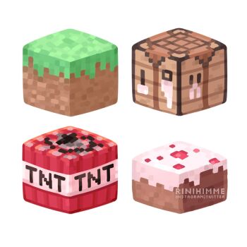 Rule 34 | artist name, block (minecraft), block (object), cake, cake (minecraft), commentary, crafting table (minecraft), cube, dirt, english commentary, explosive, food, grass, highres, minecraft, no humans, object focus, official style, rinihimme, simple background, tnt, tnt block (minecraft), watermark, white background