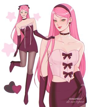 1girl alternate_costume alternate_hairstyle artist_name black_boots black_bow black_choker black_dress black_gloves black_hairband black_pantyhose black_skirt boots bow breasts bustier choker chromatic_aberration cleavage clothing_cutout collarbone commentary cowboy_shot dress dress_ribbon earrings elbow_gloves english_commentary eyelashes fashion feet_up full_body gloves green_eyes grin hair_bow hair_over_shoulder hairband half_updo haruno_sakura heart heart_earrings high_heel_boots high_heels highres jewelry knee_boots light_smile long_hair looking_at_viewer looking_to_the_side medium_breasts modeling multiple_views naruto_(series) necklace pantyhose parted_lips pearl_choker pearl_necklace pink_bustier pink_lips pink_ribbon ribbon see-through_pantyhose short_dress side_cutout skirt smile standing standing_on_one_leg star_(symbol) star_symbol_background straight_hair strapless strapless_dress swept_bangs teeth tenartistt white_background